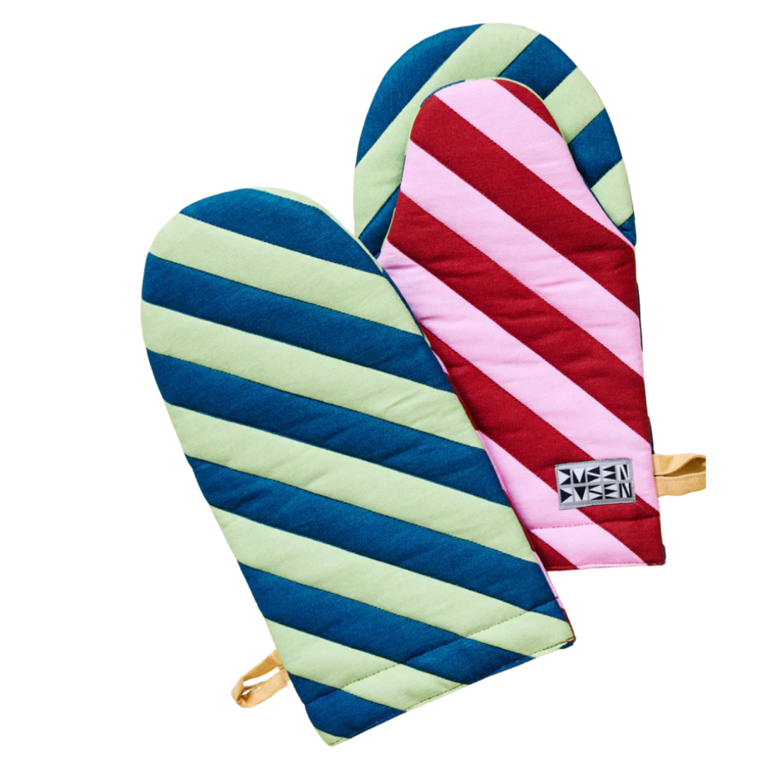 Pair of colorful oven mitts with diagonal stripes, one with blue and yellow stripes, the other with pink and red stripes.
