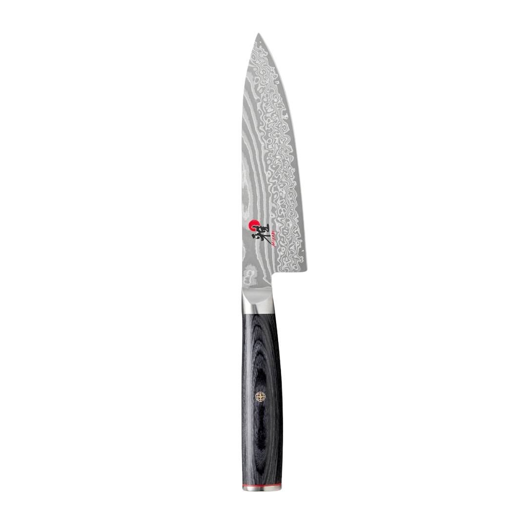 Damascus steel kitchen chef's knife with a black and gray handle