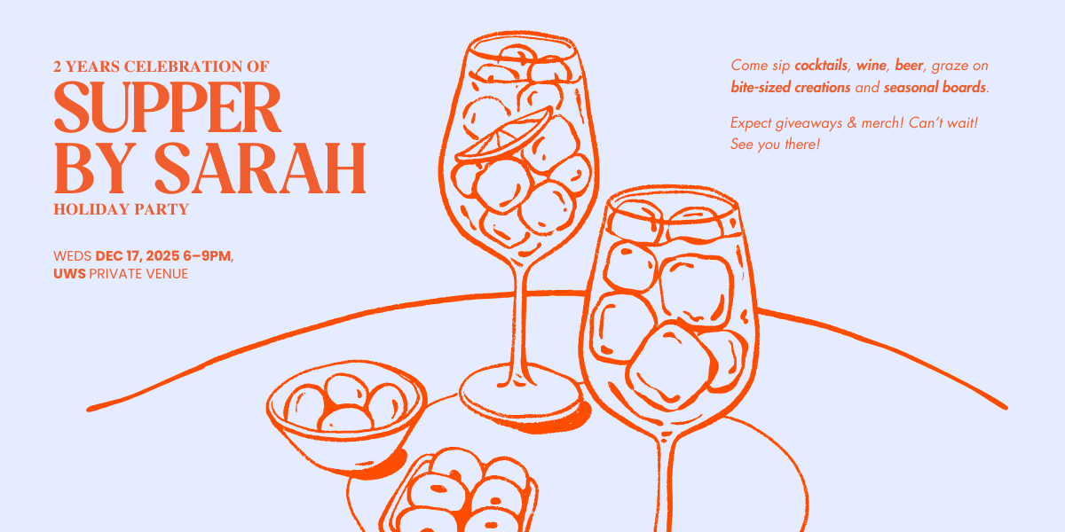 Invitation for a holiday party celebrating the second anniversary of Sarah's dinner event with illustrations of cocktails and snacks.