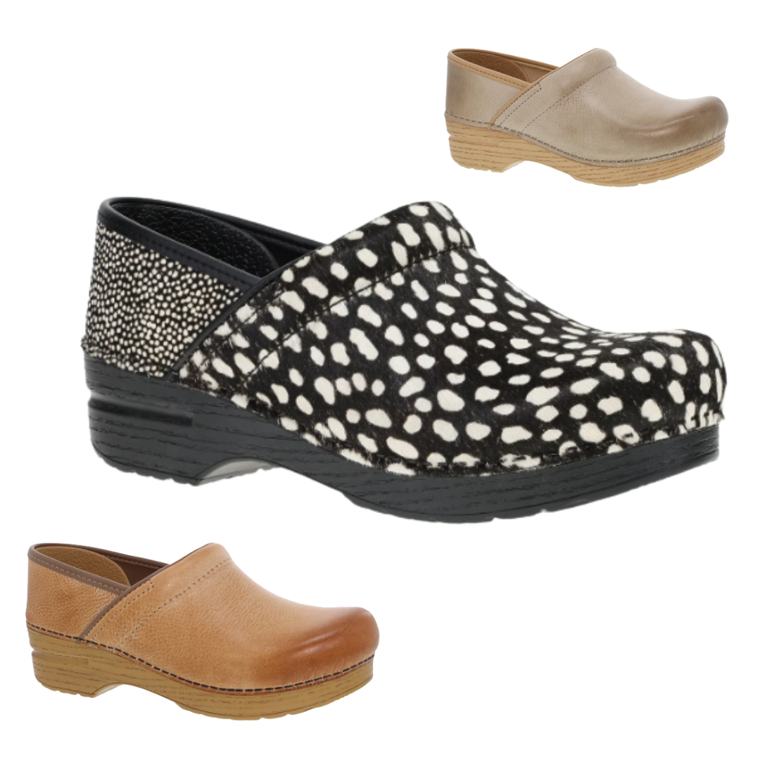 Three pairs of clogs in different colors and designs, including beige, black and white animal print, and tan, displayed against a white background.