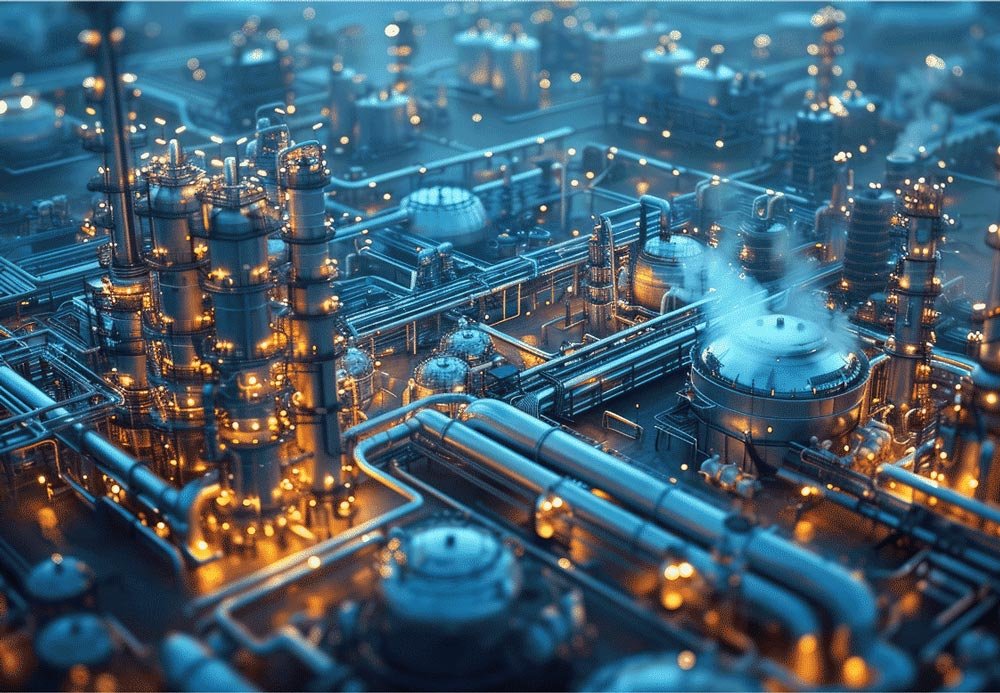 A complex industrial refinery at night, illuminated with bright lights and numerous pipes and towers.