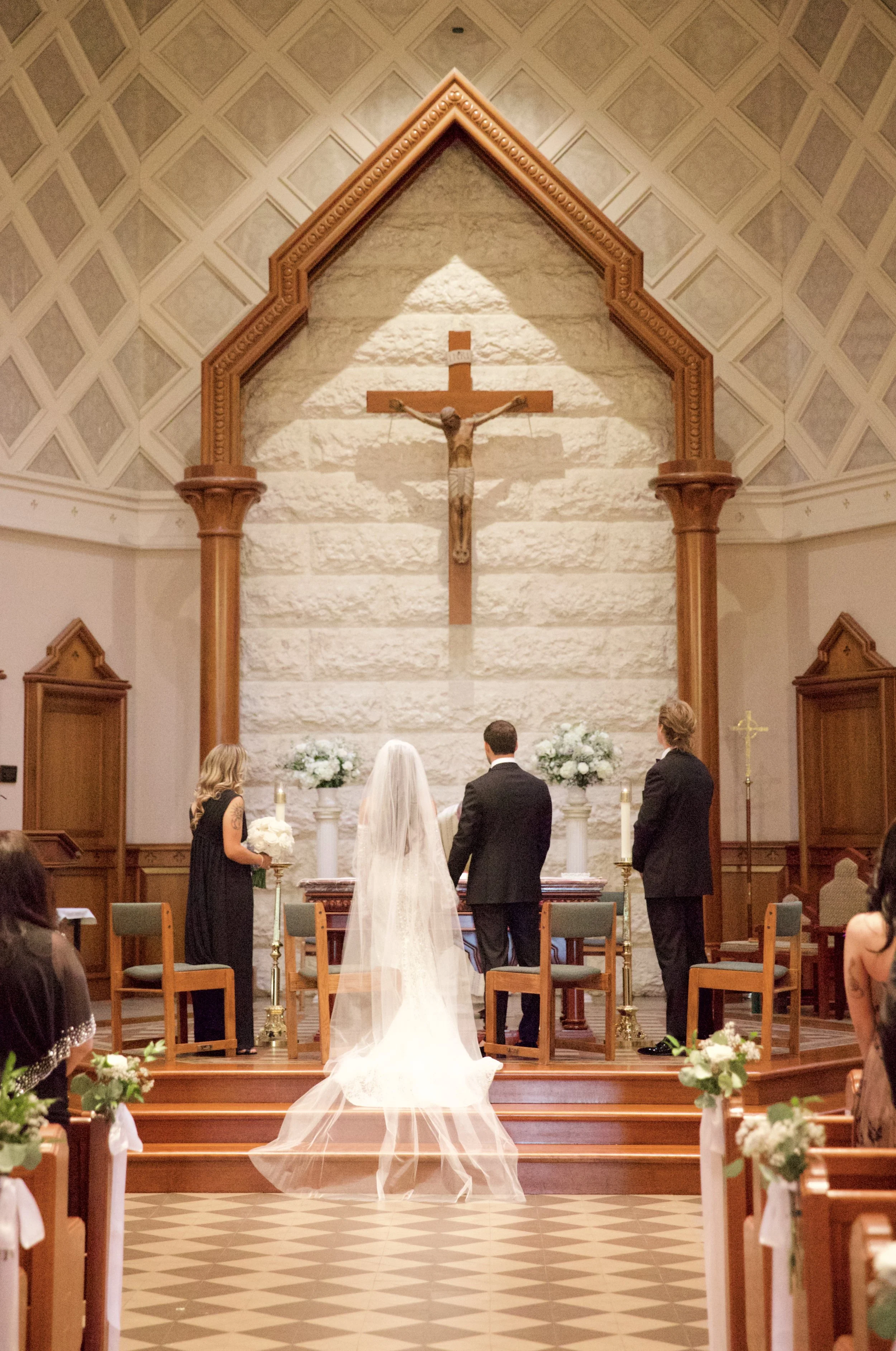 Exterior of St. Patrick Roman Catholic Church in Chatham Township, NJ with wedding steps portraits following a traditional Catholic mass ceremony. New Jersey Wedding Content Creator