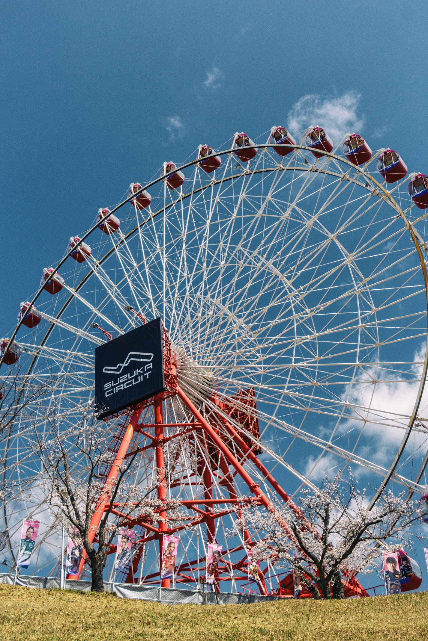A large Ferris wheel at Suzuka Circuit with red gondolas, blue sky, cherry blossom trees, and banners at the base.