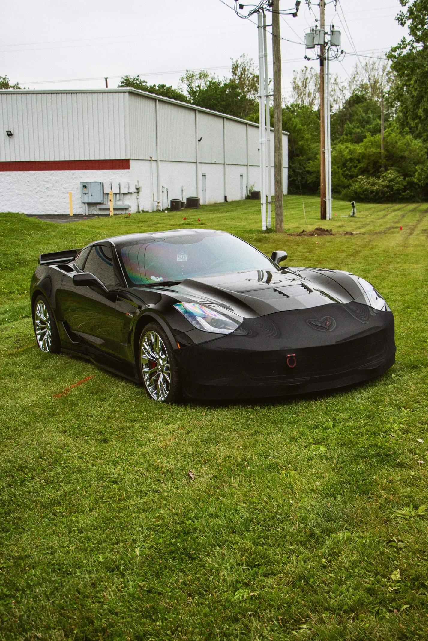 A black sports car parked on a grassy area next to a building with electrical poles and green trees in the background.