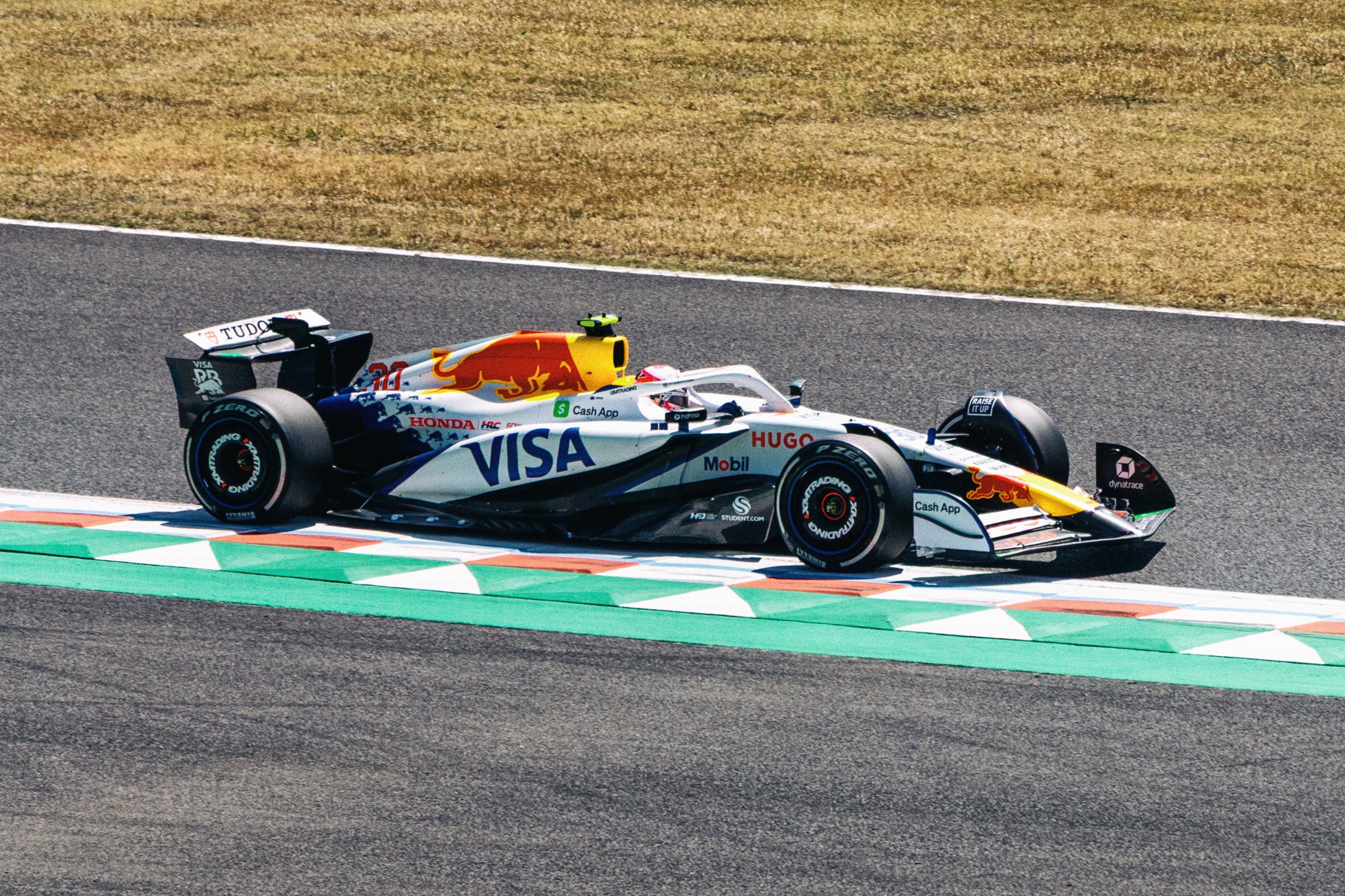 A race car on a track with sponsors like VISA, Honda, and Red Bull, passing over a curb painted with green, white, and red stripes.