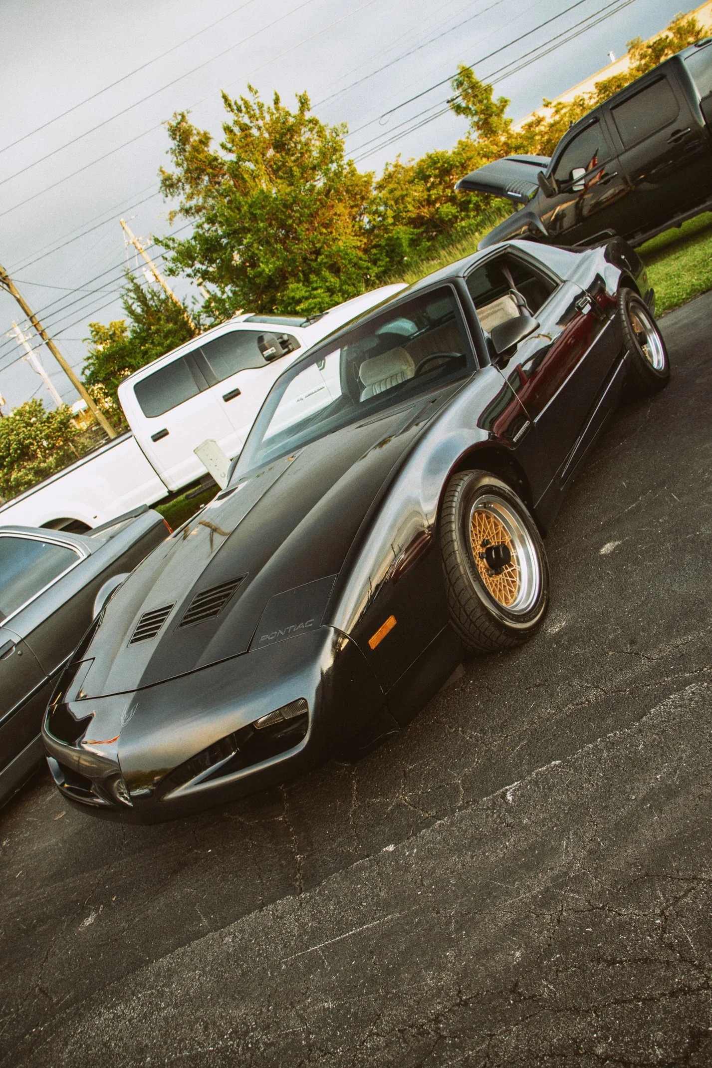 A black Pontiac sports car with gold wheels parked on a cracked asphalt surface, with a white truck and other cars behind it, trees, and power lines in the background.