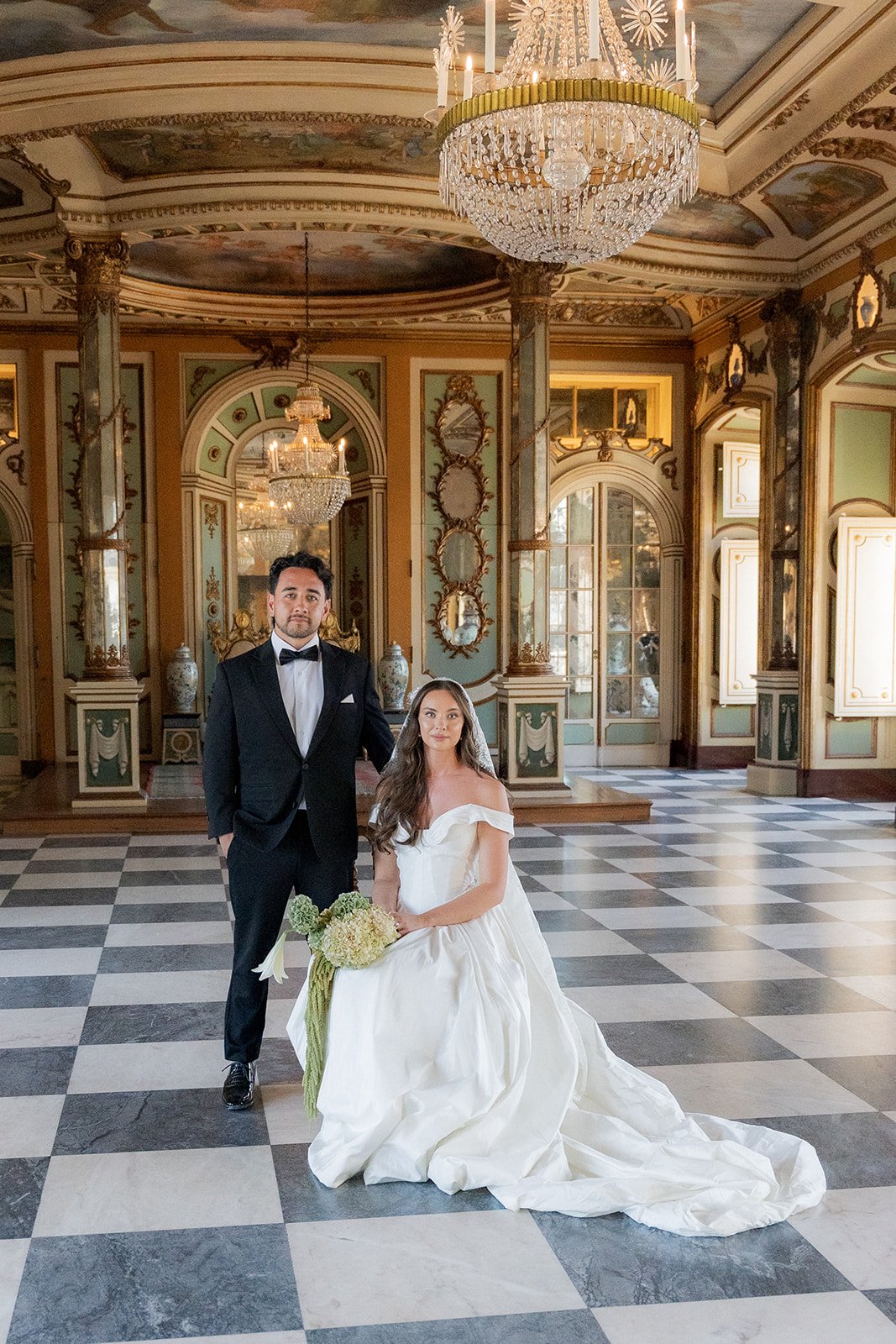 Editorial bride and groom portrait at Queluz Palace, Portugal
