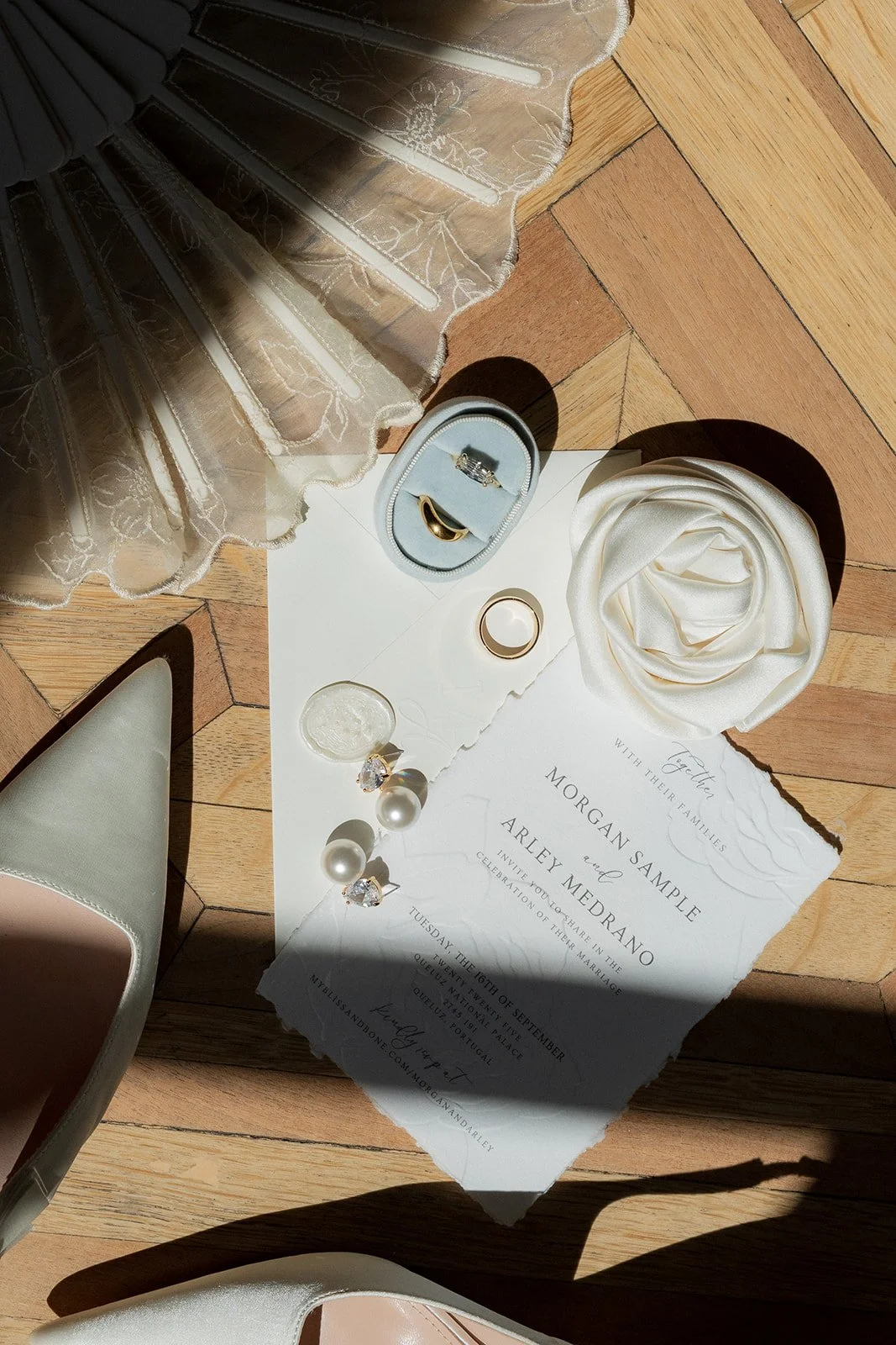 Bridal details, stationery, rings, earrings 