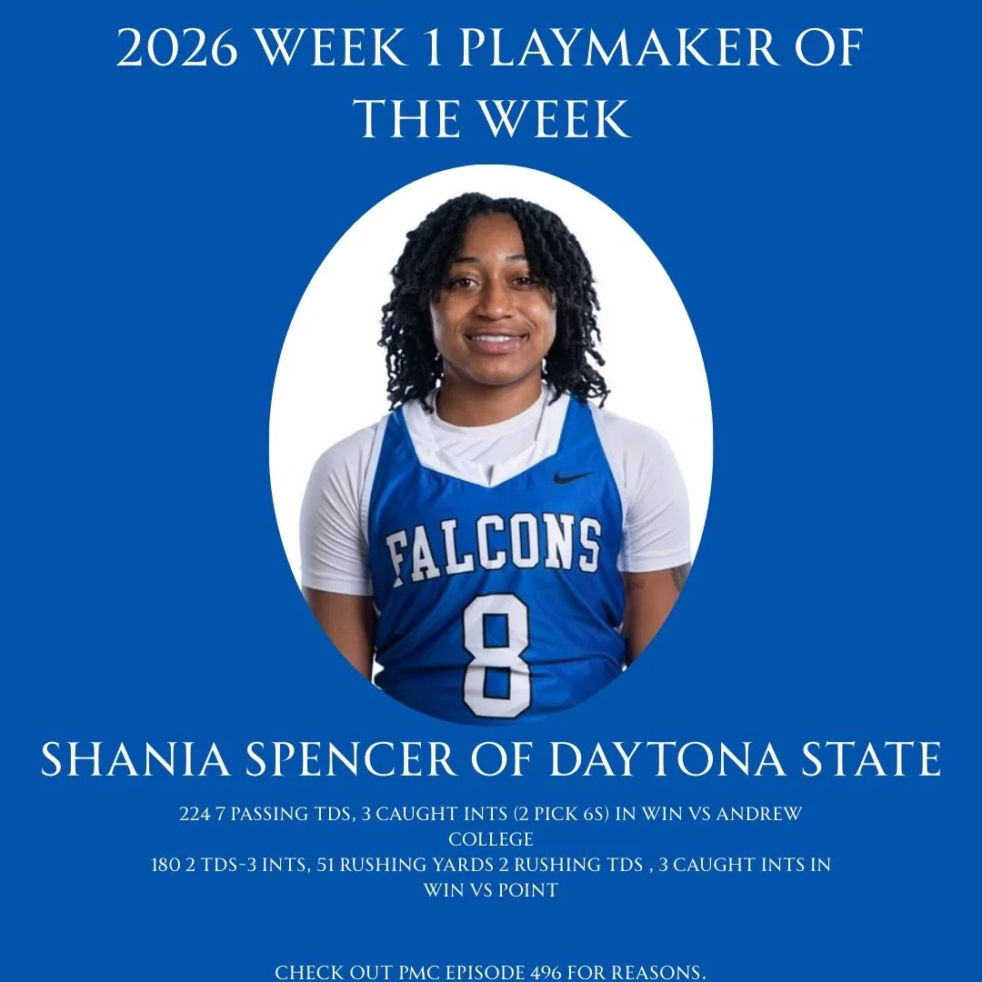 Our week 1 (and 0) Playmaker of the Week! Check out episode 496 and 495 to hear all about how she balled out. 

#playmakerscorner #womenscollegeflagfootball #womensflagfootball #PMCflag