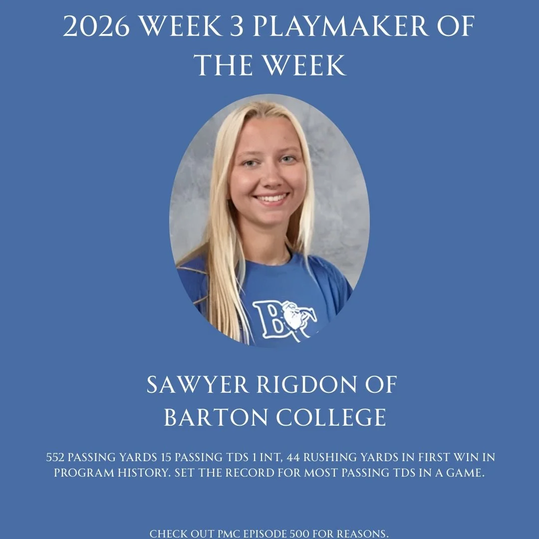 Your week 3 playmaker of the week is Sawyer Rigdon out of Barton College! Make sure to check out episode 500 to hear all about her record breaking performance. 

#womenscollegeflagfootball #womensflagfootball #playmakerscorner #PMCflag