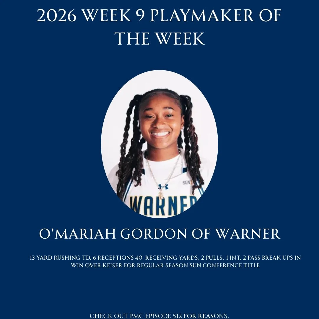 O&rsquo;Mariah Gordon of Warner is your week 9 playmaker of the week! Make sure to check out last episode to hear about her sensational performance that help lead Warner to a Sun Conference Regular Season Title. 

#womenscollegeflagfootball #womensfl
