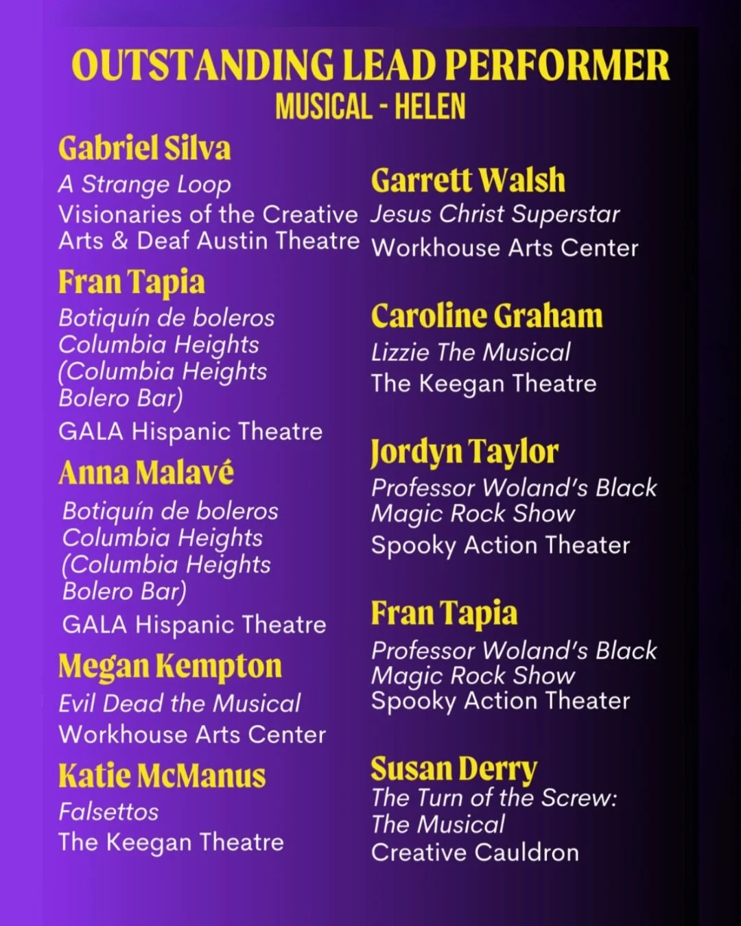 I say all the time how deep the DC theatre bench is and every year the Helen Hayes nominations bear this out. This time, for the first time, I&rsquo;m so excited and proud that I&rsquo;m among them. Thank you @theatrewash   Congratulations to our Tur