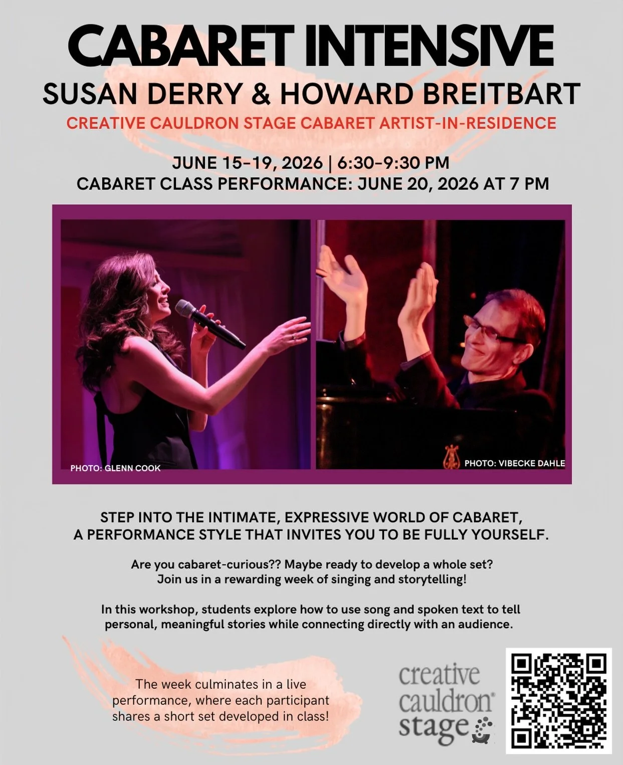 The CAULDRON CABARET INTENSIVE makes its summer class debut! 
✨
Are you cabaret-curious? This is for you.
Love open mics? This is for you.
Want inspo for your solo show-in-progress? This is for YOU.
✨
All you need is a song and yourself and you&rsquo