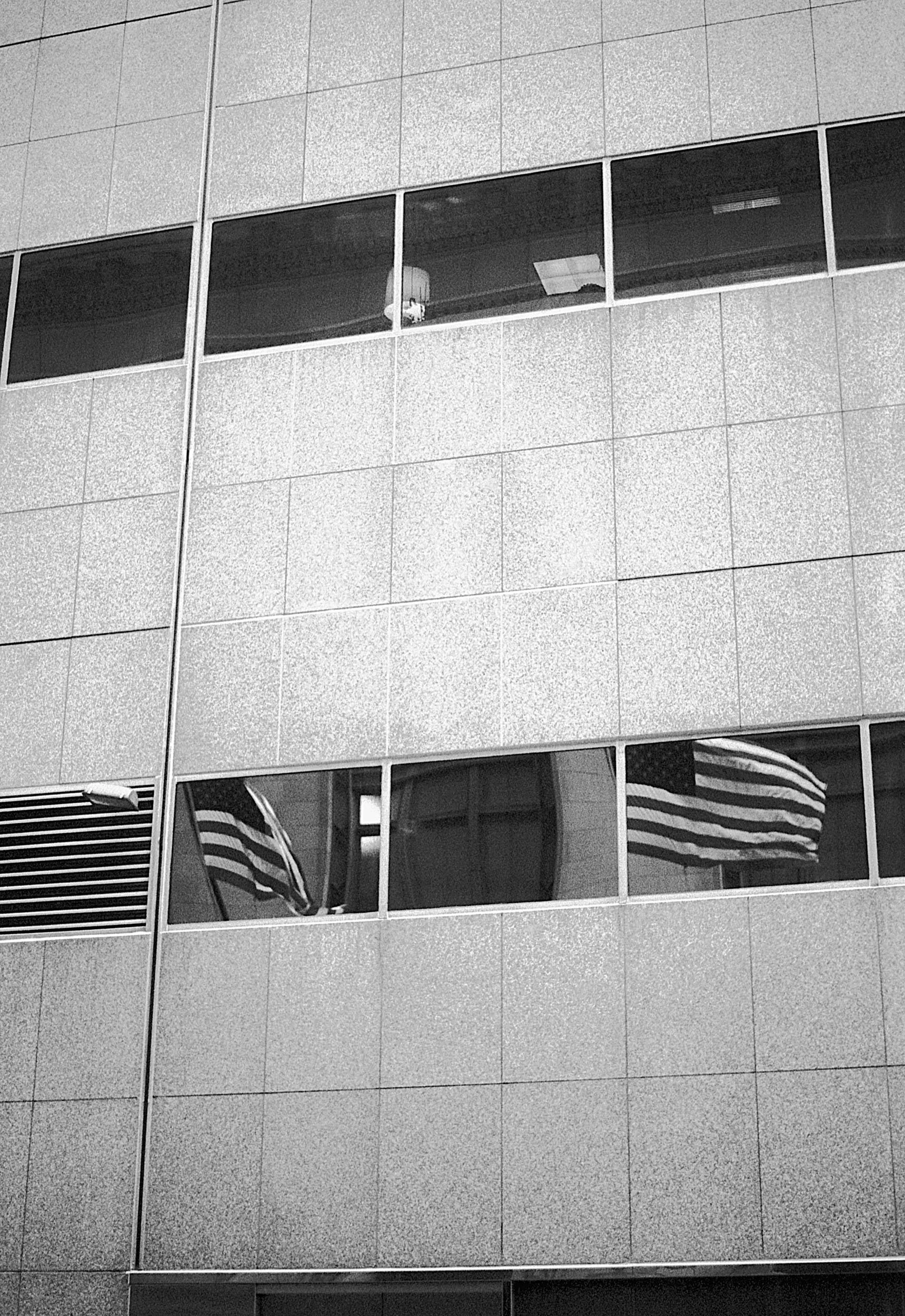 Reflection of American flags in the windows of a modern building.