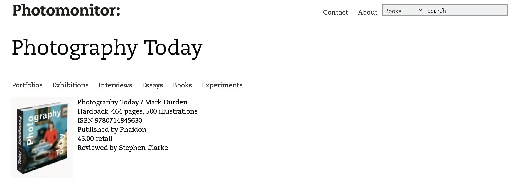 Screenshot of a website titled 'Photomonitor: Photography Today' featuring a book titled 'Photography Today' by Mark Durden, with details about the book including publisher, price, and review.