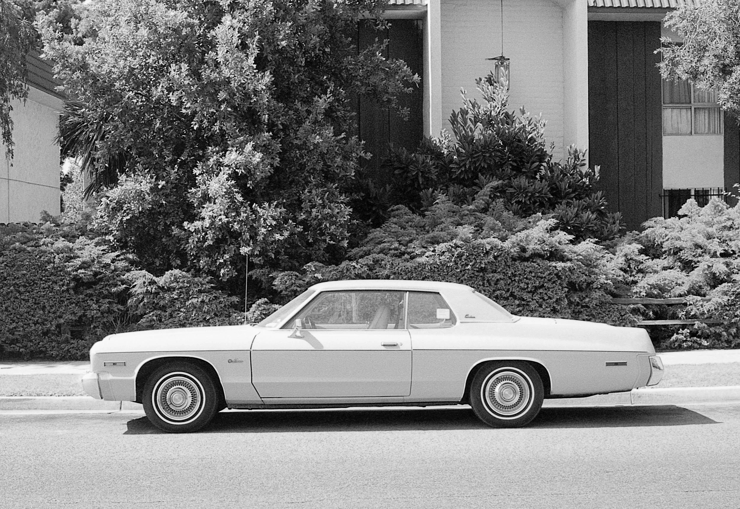 A vintage two-door car parked on the street in front of bushes and trees, with a building in the background.