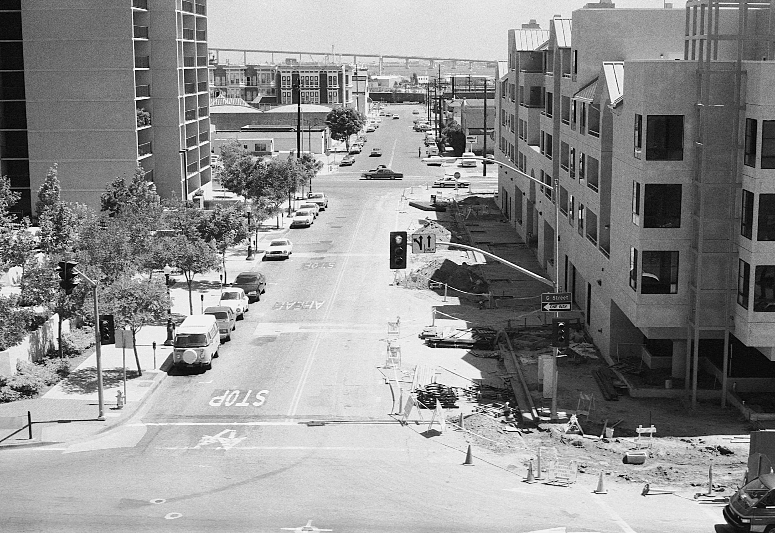 Stephen Clarke City street and bridge San Diego 1987.jpg