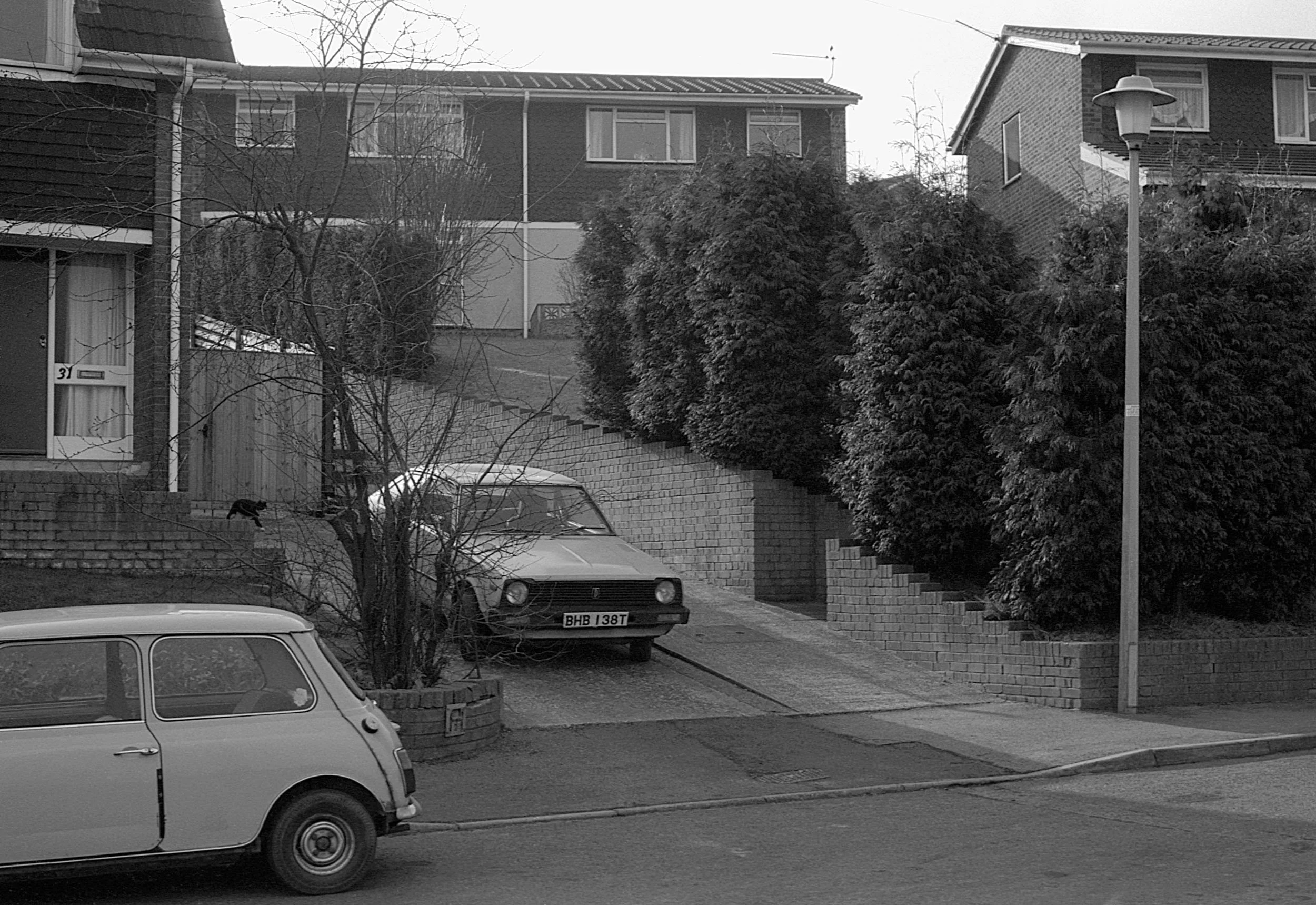 A black and white image of a residential street scene featuring a parked vintage car on a driveway, a parked van on the street, a streetlamp, a tree, and houses with shrubbery.