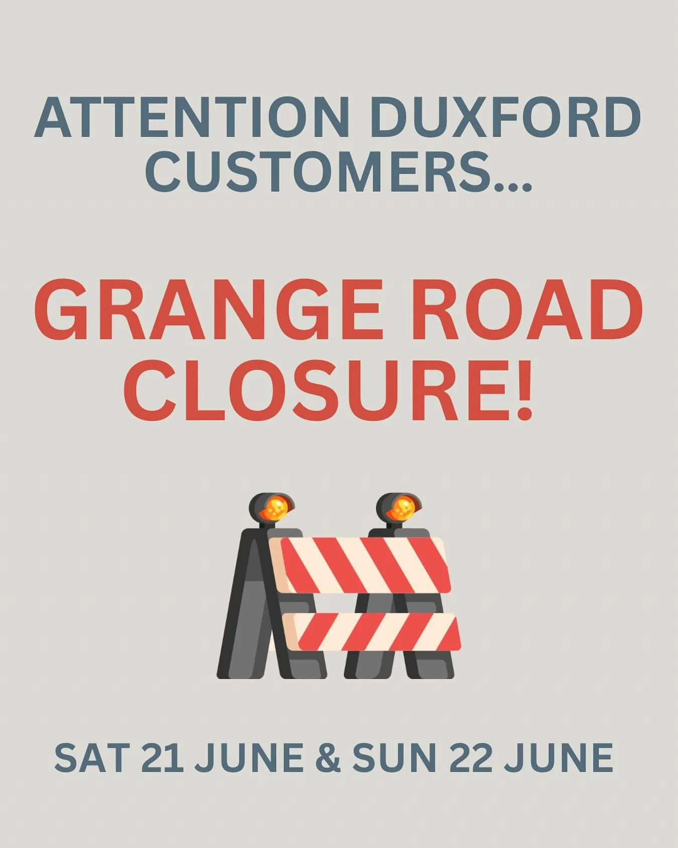 🚧 Grange Road closure this weekend 🚧

📢 Please be aware, due to the Duxford Air Show, Grange Road will be closed this weekend (Saturday 21st &amp; Sunday 22nd June).

Don&rsquo;t worry - as long as you have a booking, you&rsquo;ll still be able to