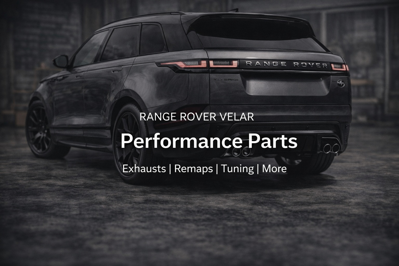 Black Range Rover Velar in a garage with text overlay: 'Range Rover Velar Performance Parts, Exhausts, Remaps, Tuning, More'