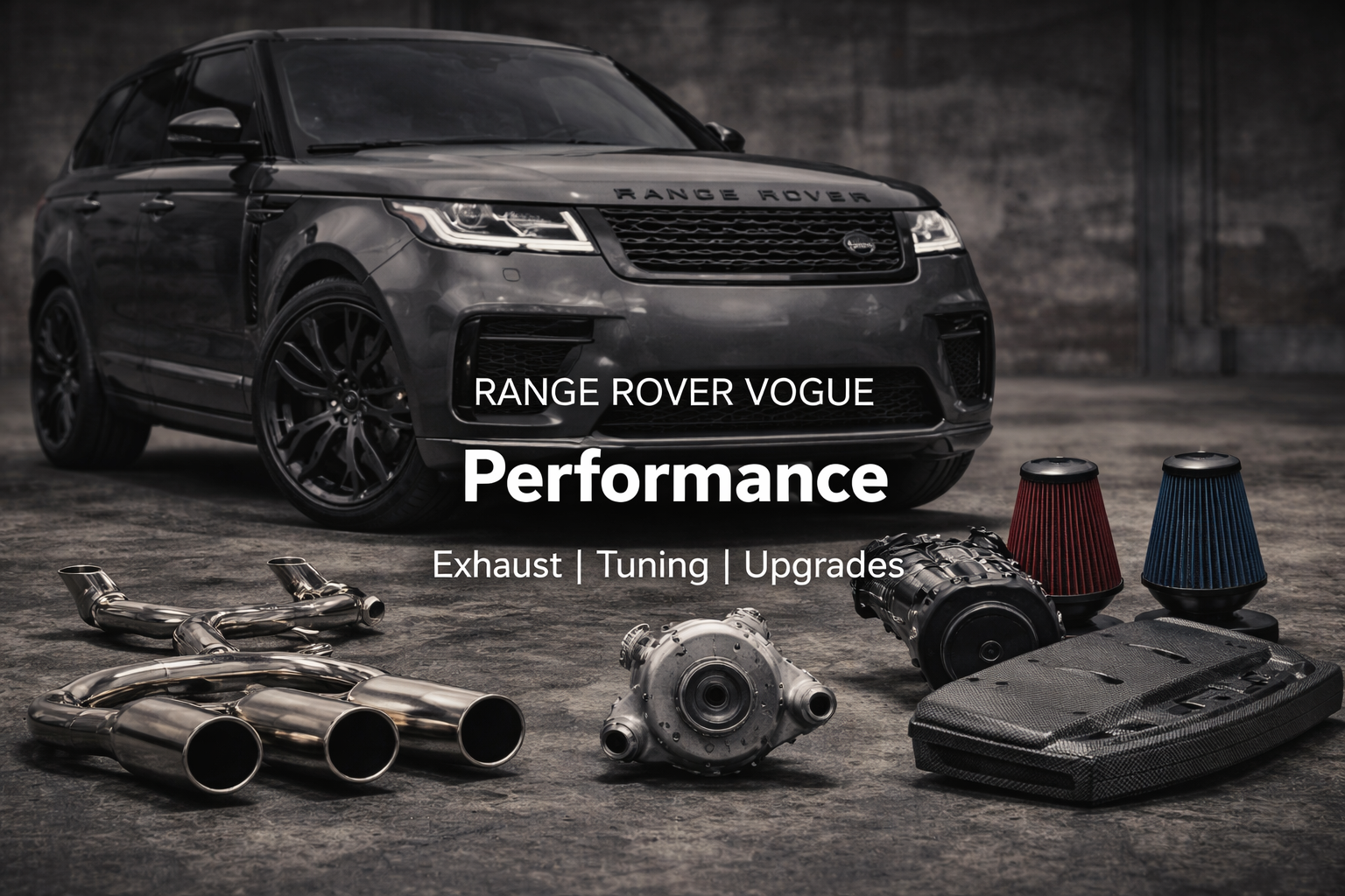 A black Range Rover Vogue parked in a dimly lit industrial space with performance car parts in front, including exhaust pipes, turbochargers, air filters, and an intake manifold. Text overlay reads 'Range Rover Vogue Performance Exhaust | Tuning | Up