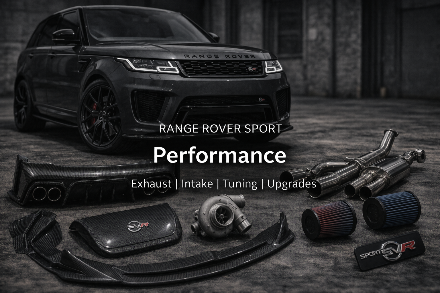 A black Range Rover Sport with performance car parts and upgrades, including an exhaust system, intake filters, tuning components, and carbon fiber accessories, laid out on the ground in an industrial setting.
