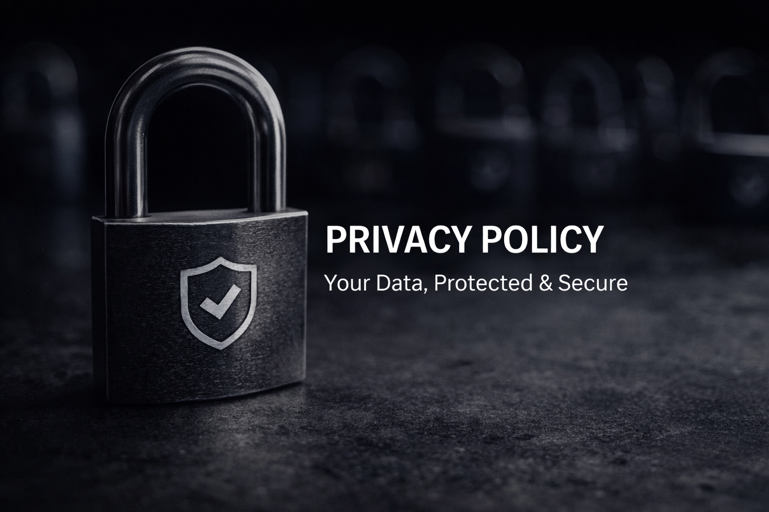 A close-up of a black padlock with a shield and checkmark symbol on it, alongside the text 'PRIVACY POLICY Your Data, Protected & Secure'.