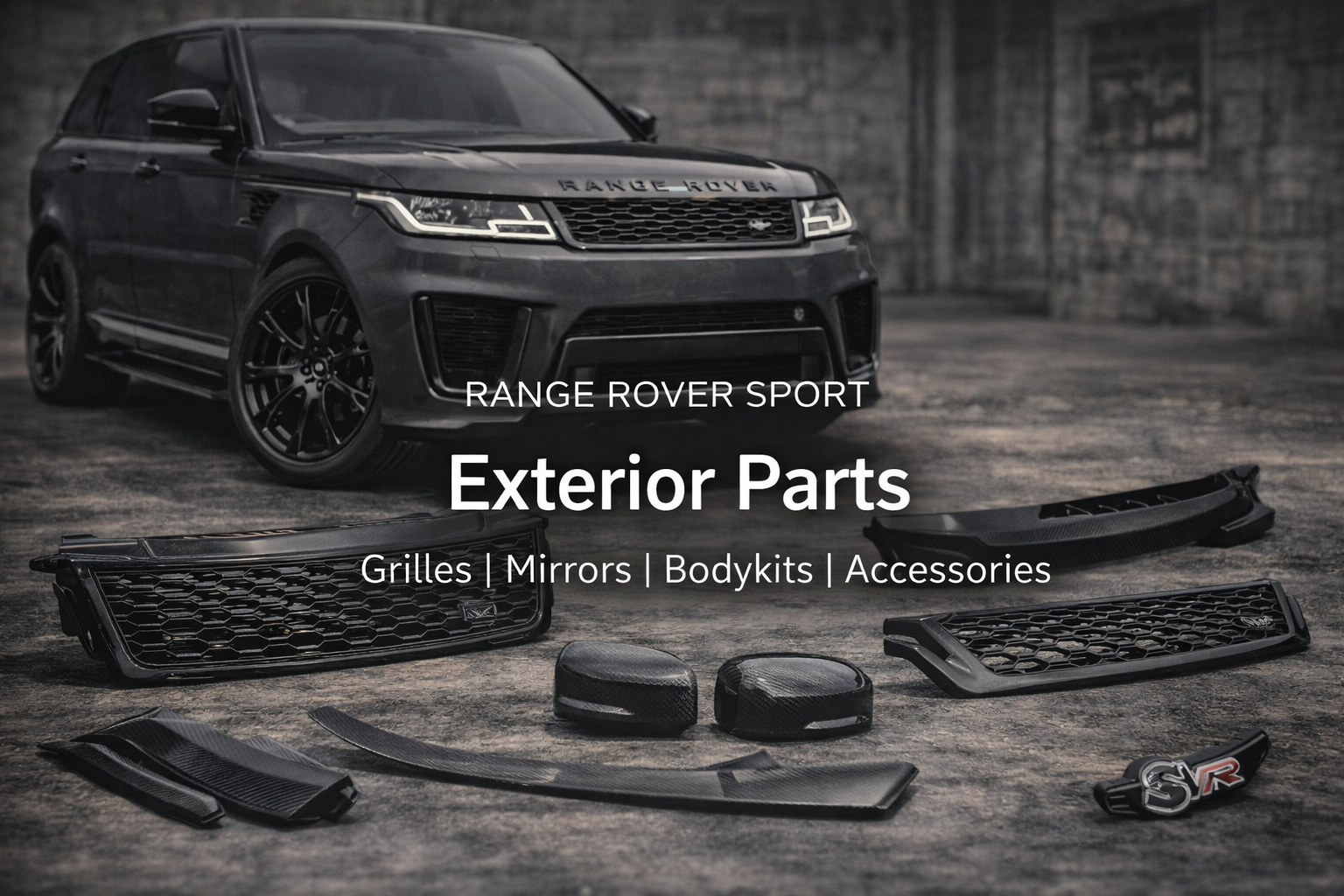 A black Range Rover Sport parked on a concrete surface with various black exterior parts, such as grilles, mirrors, bodykits, and accessories, laid out in front of it in an industrial setting.