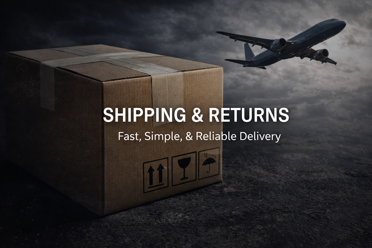A cardboard shipping box with symbols indicating no rain, keep dry, and fragile, in front of a flying airplane against a cloudy sky, with text overlay reading "Shipping & Returns, Fast, Simple, & Reliable Delivery".