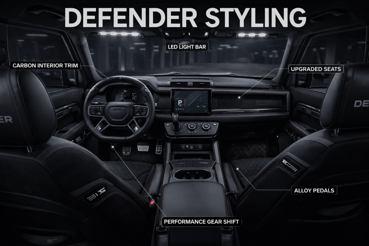 Interior of a Defender vehicle with black carbon interior trim, upgraded seats, a digital LED light bar, alloy pedals, a performance gear shift, and labeled controls and displays.