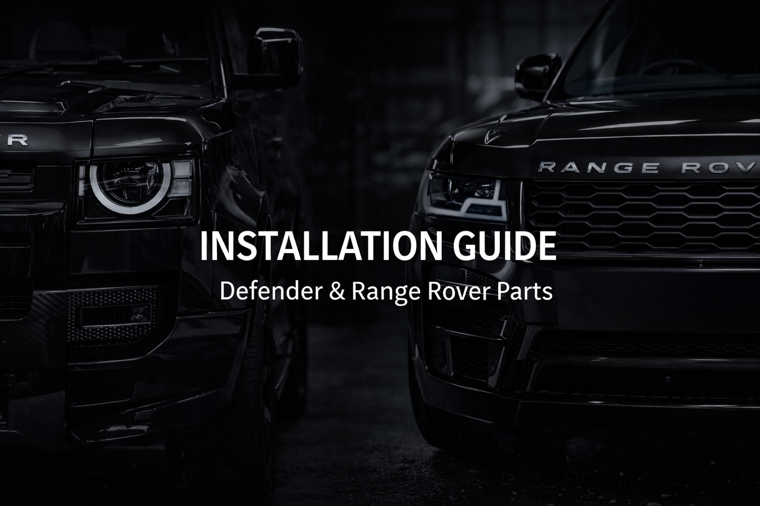 Close-up of two black Range Rover vehicles, focusing on their front grilles and headlights, with the text 'INSTALLATION GUIDE Defender & Range Rover Parts' overlayed.