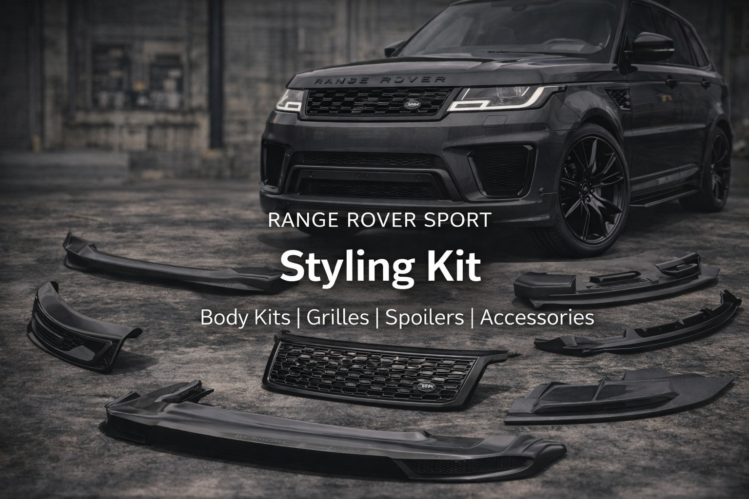 A black Range Rover Sport parked on an urban street with a variety of black car body kits, grilles, spoilers, and accessories laid out in front for styling or customization.