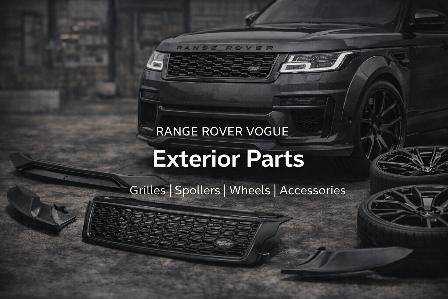 A black Range Rover vehicle with various exterior parts, including grilles, spoilers, wheels, and accessories, laid out on a dark surface in front of a dark urban backdrop.