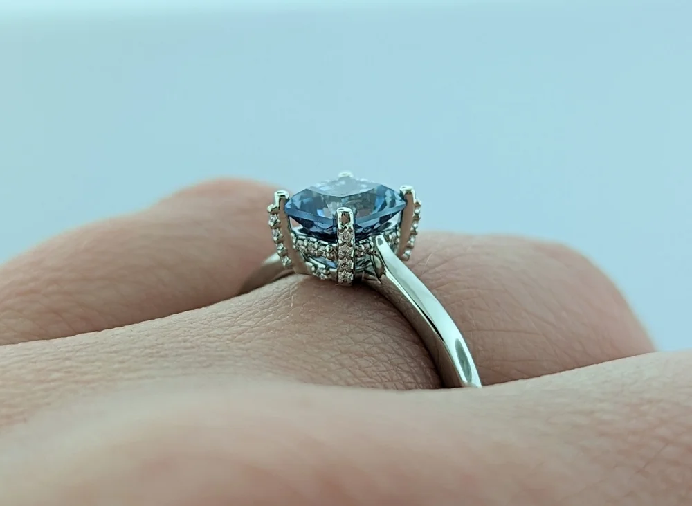 Light Blue Radiant Cut Montana Sapphire Ring with Hidden
