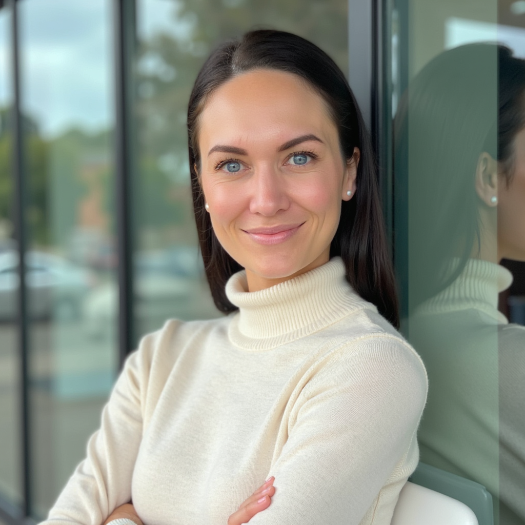 A woman with dark hair and blue eyes smiling, wearing a cream turtleneck sweater, standing with her arms crossed beside a glass wall.