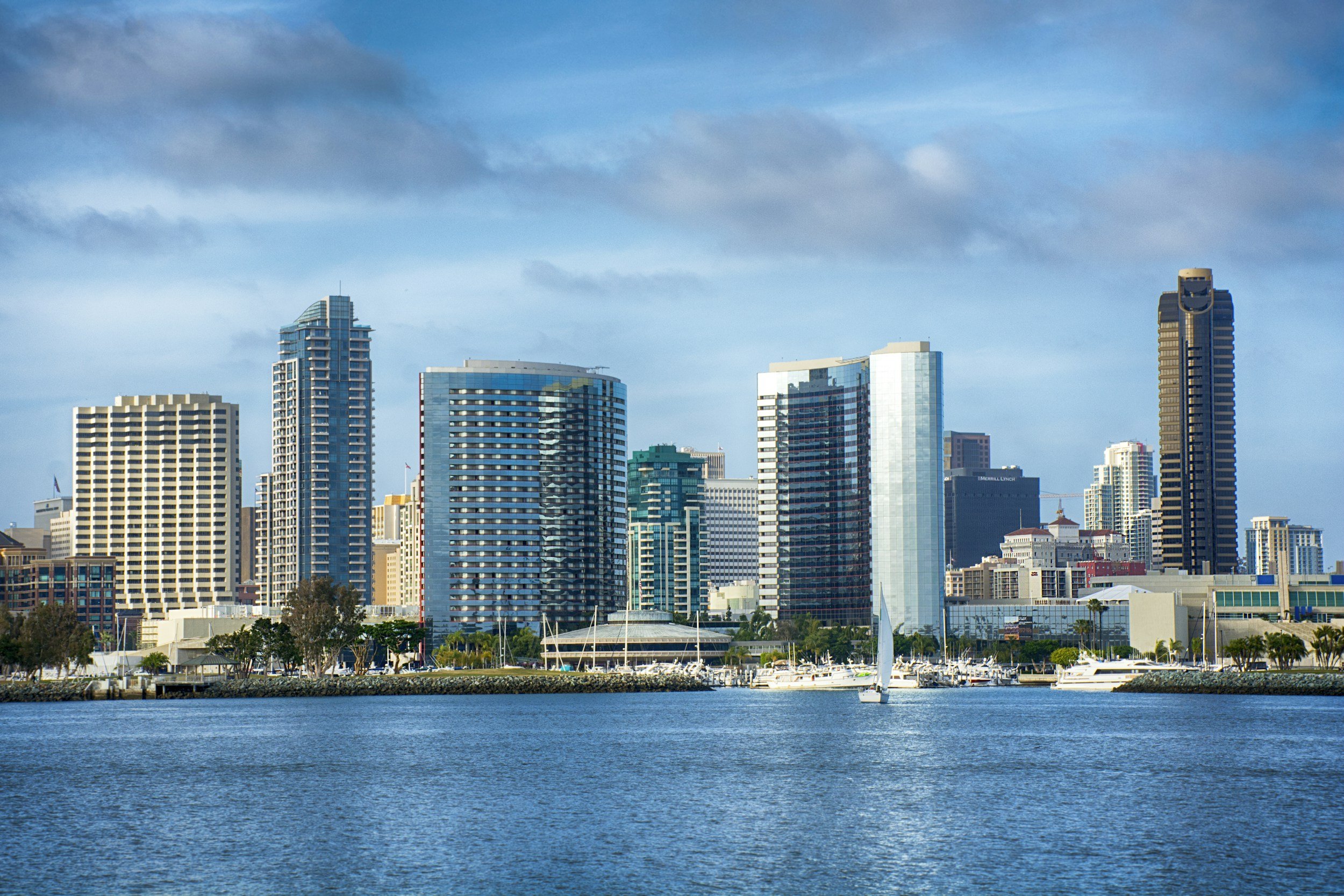 Downtown San Diego skyline across the bay on a sunny day