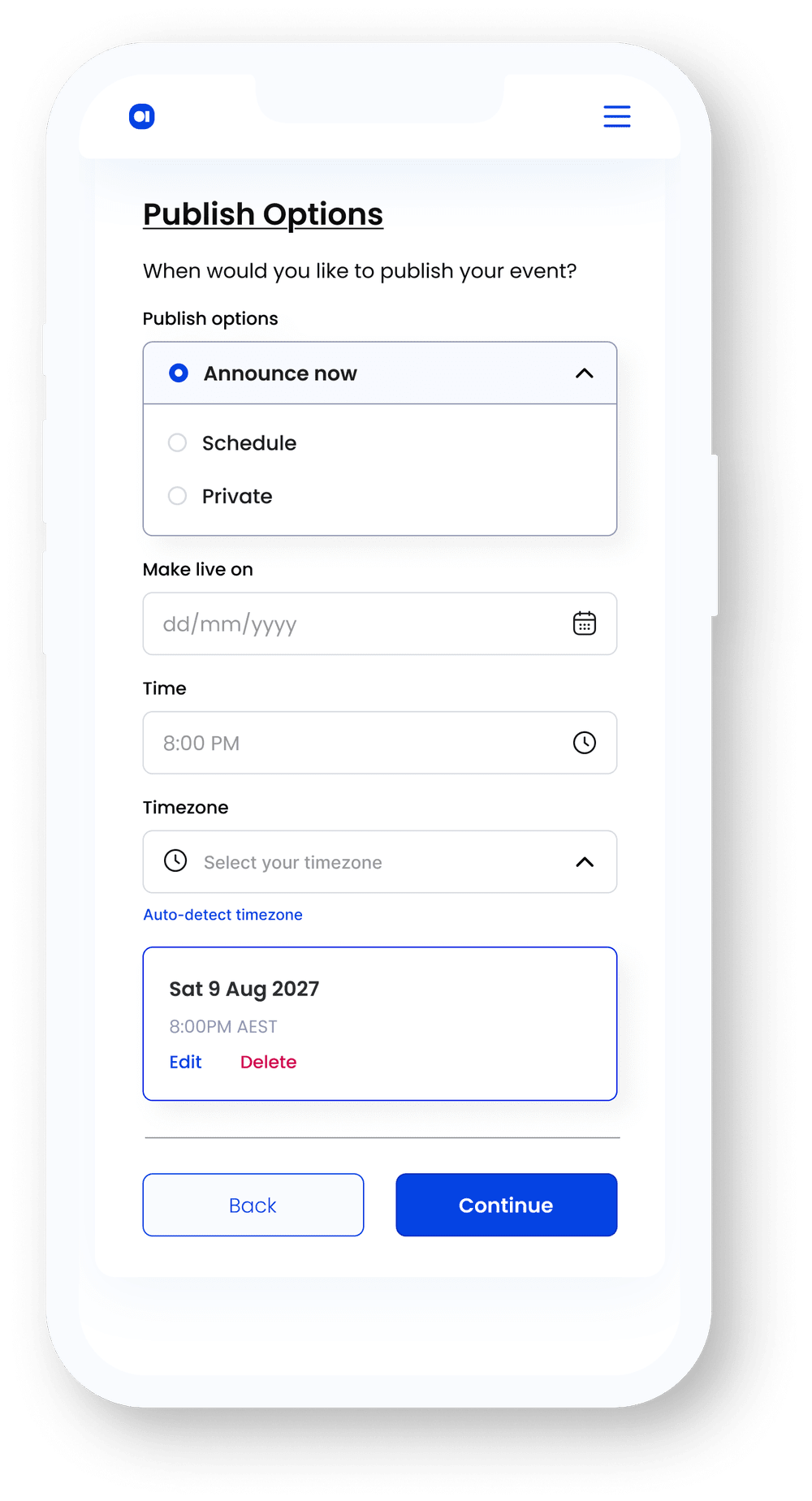 accred event publishing options