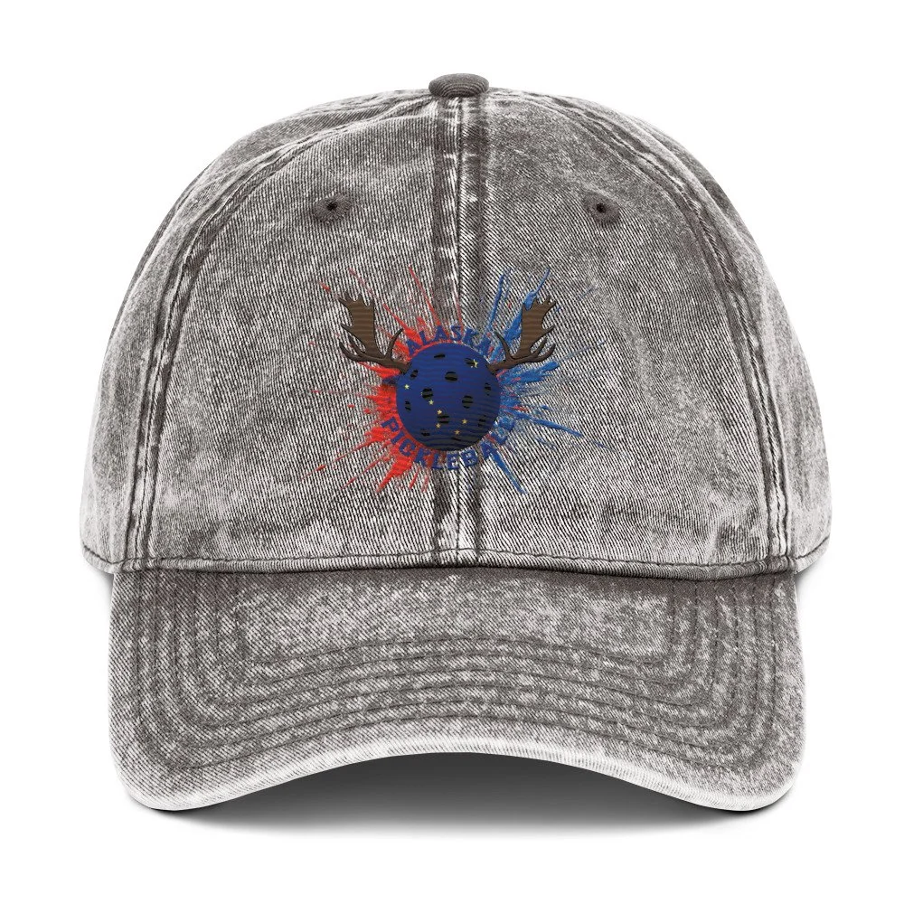 Alaska Flag Moose Antlers PickleBlast Grey Embroidered Baseball Cap by PickleBlast Apparel