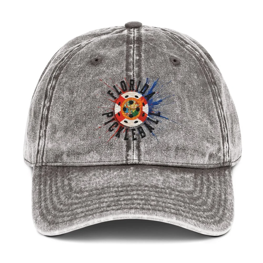 Vintage embroidered grey baseball cap featuring the PickleBlast Apparel Florida Flag Blast emblem