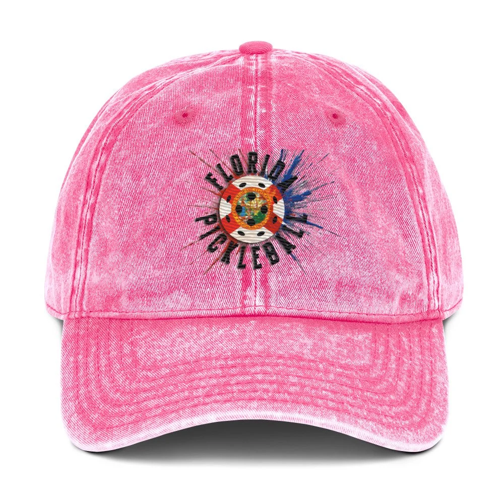 Vintage embroidered pink baseball cap featuring the PickleBlast Apparel Florida Flag Blast emblem