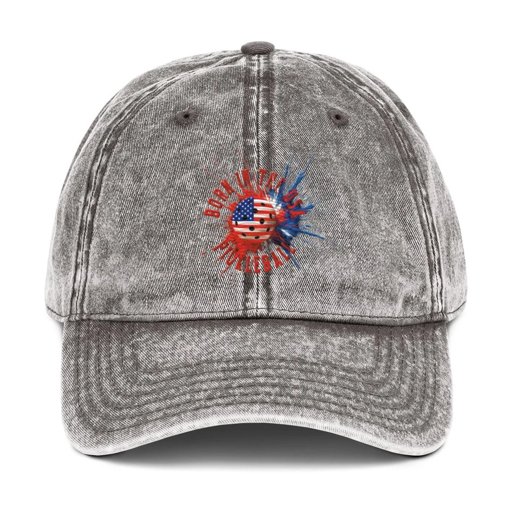 Born in the USA PickleBlast Embroidered Baseball Cap Grey American flag pickleball apparel