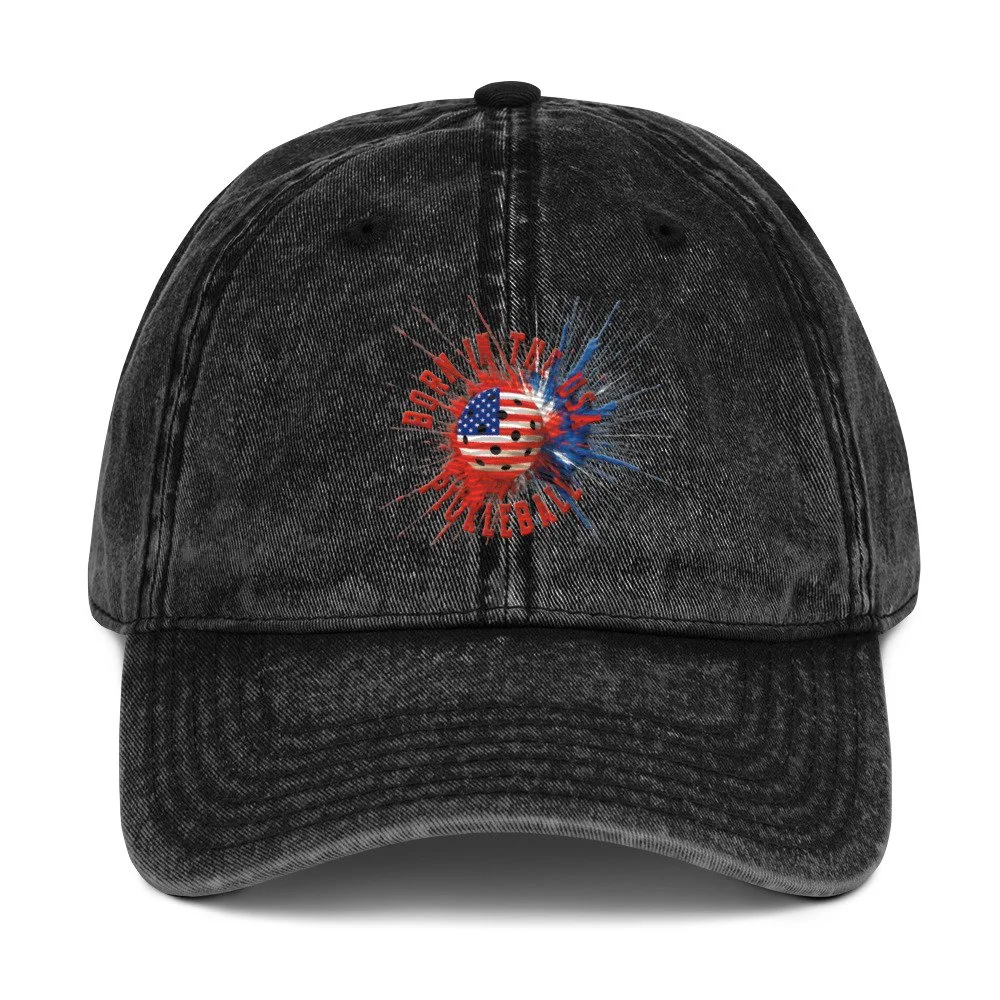 Born in the USA PickleBlast Embroidered Baseball Cap Black American flag pickleball apparel