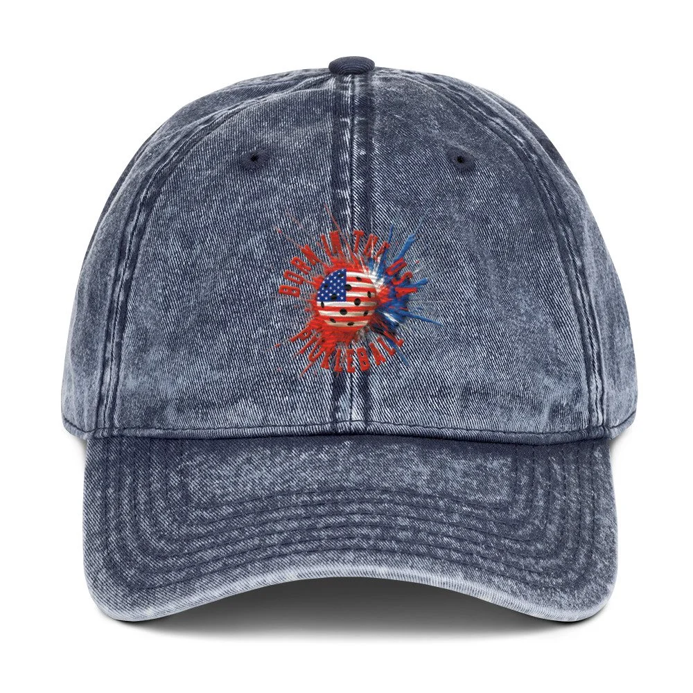 Born in the USA PickleBlast Embroidered Baseball Cap Blue American flag pickleball apparel