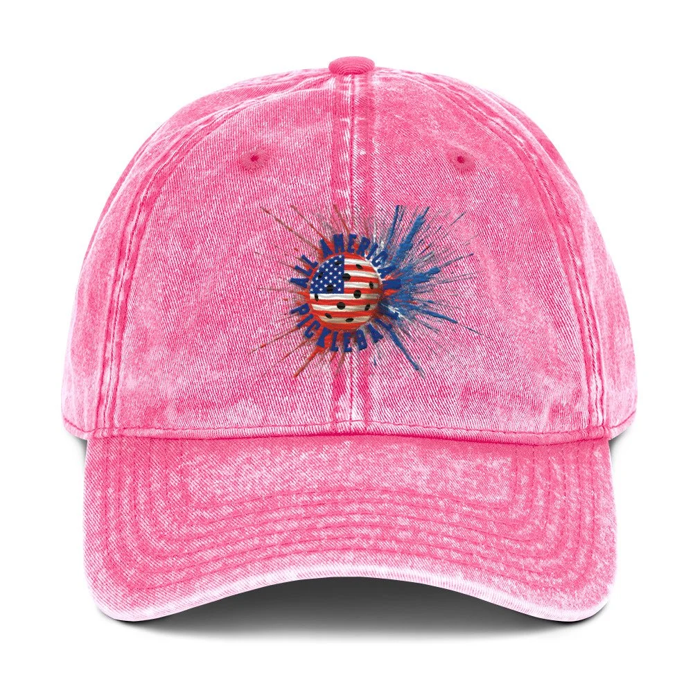 All American PickleBlast Baseball Cap Pink American flag pickleball apparel