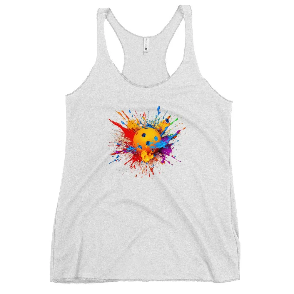 PaintBlast PickleBall Heather White Women's Tank Top - front view.jpg
