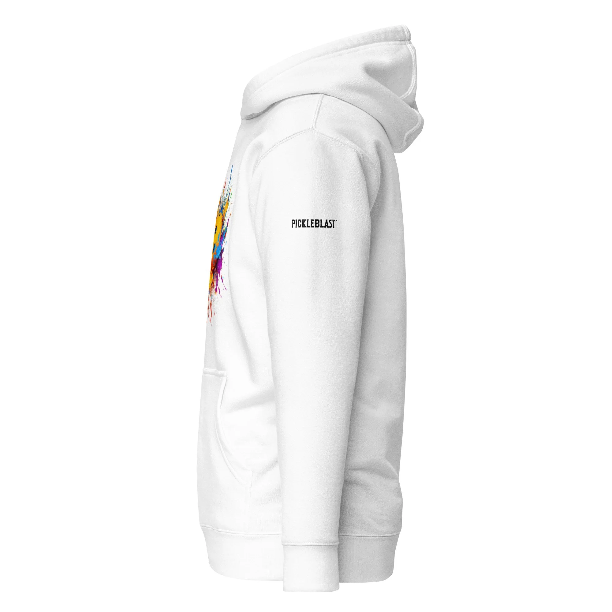 PaintBlast PickleBall White Unisex Hoodie - side view.jpg