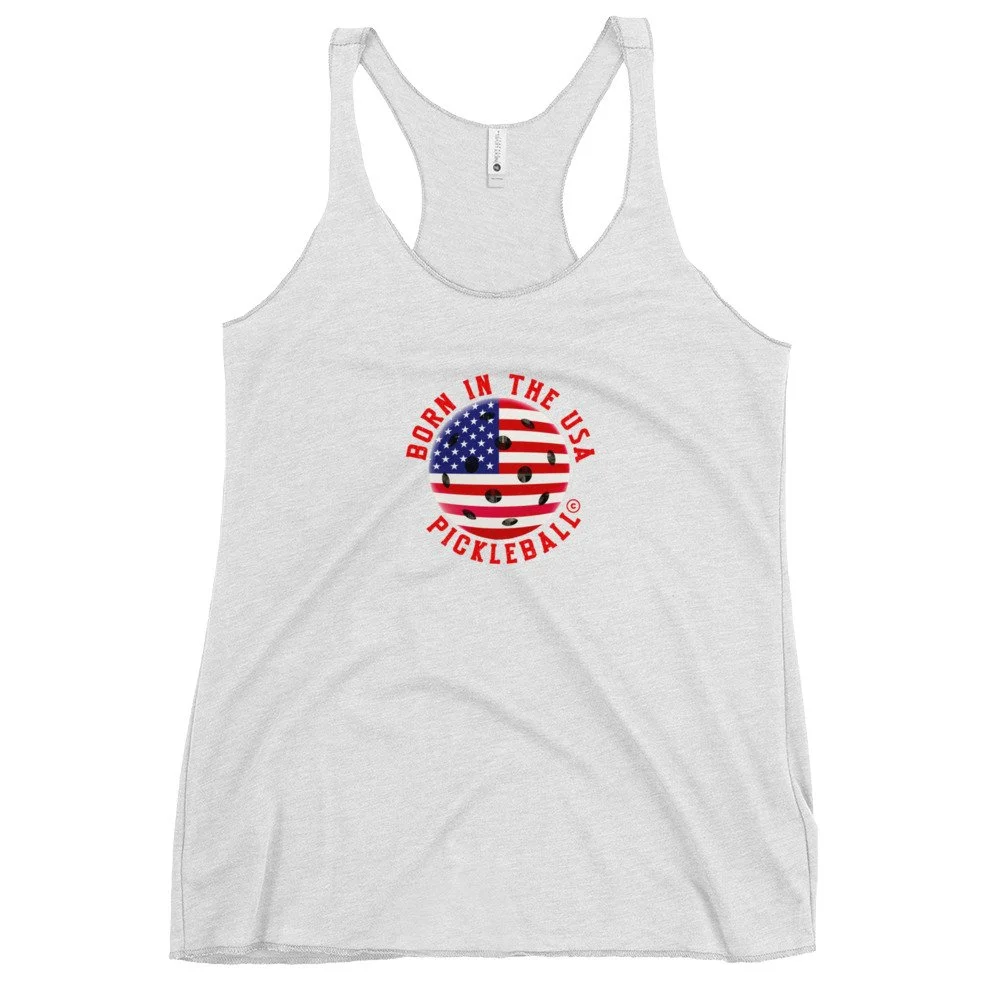 Born In The USA Pickleball Heather White Women's Tank Top - front view.jpg