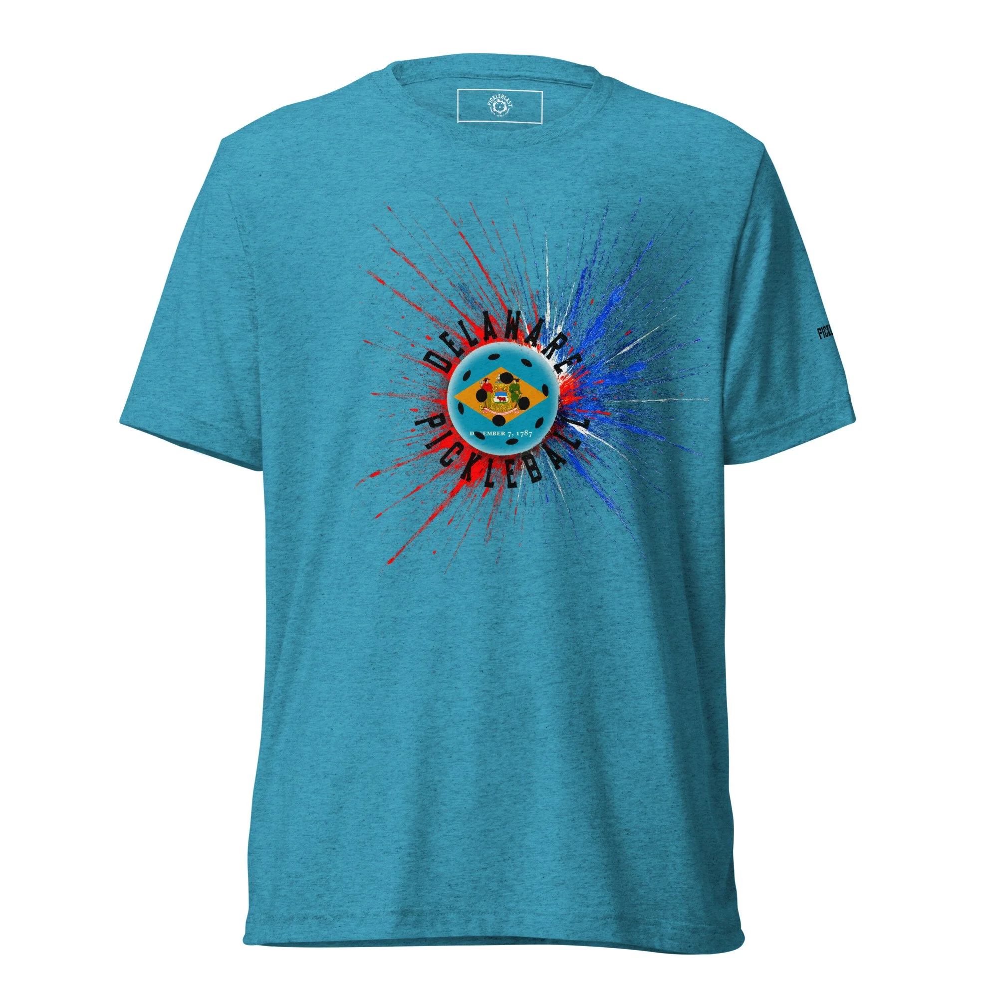 Delaware Flag PickleBlast Aqua Unisex T-Shirt - front view.jpg