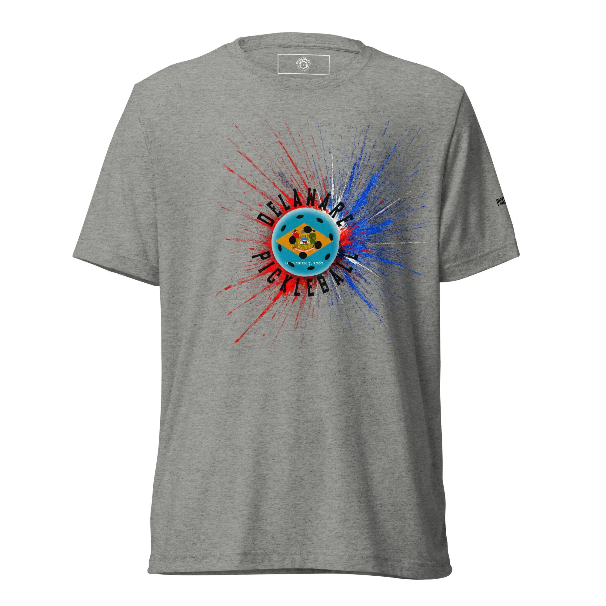 Delaware Flag PickleBlast Athletic Grey Unisex T-Shirt - front view.jpg