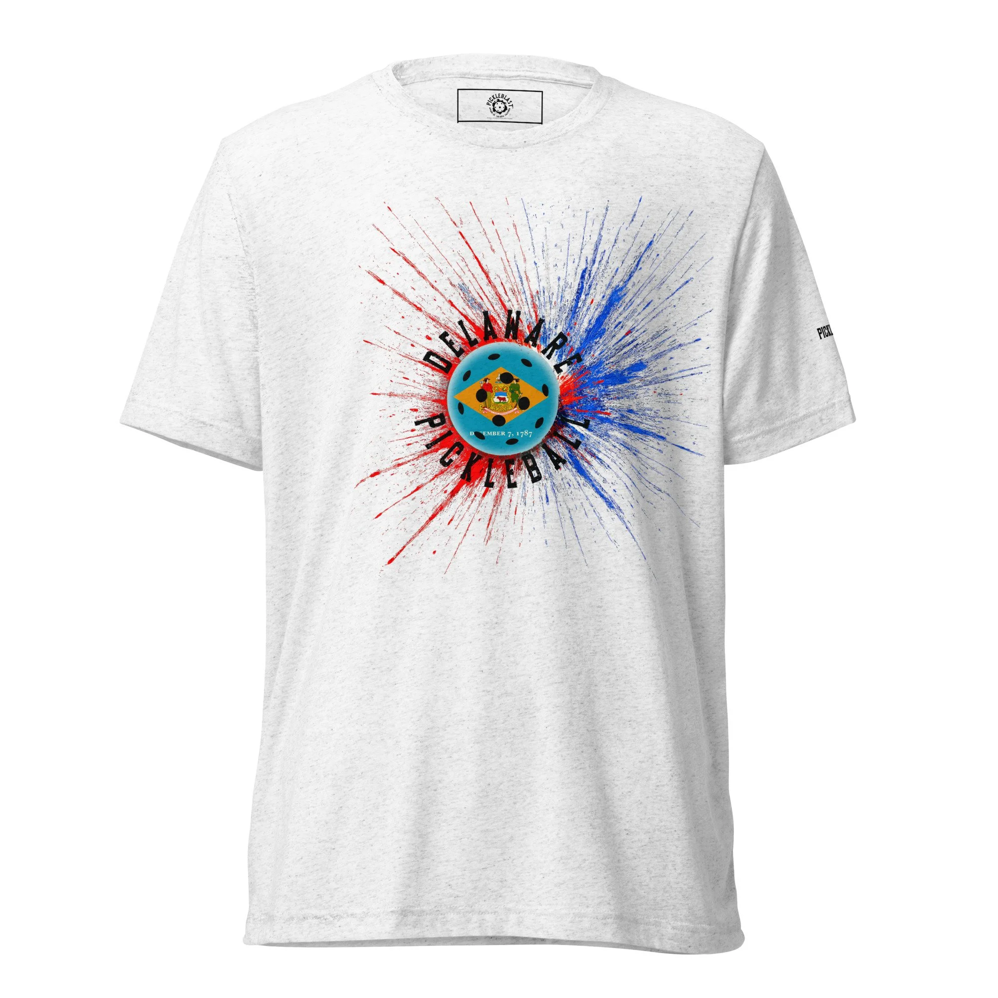 Delaware Flag PickleBlast Solid White Unisex T-Shirt - front view.jpg